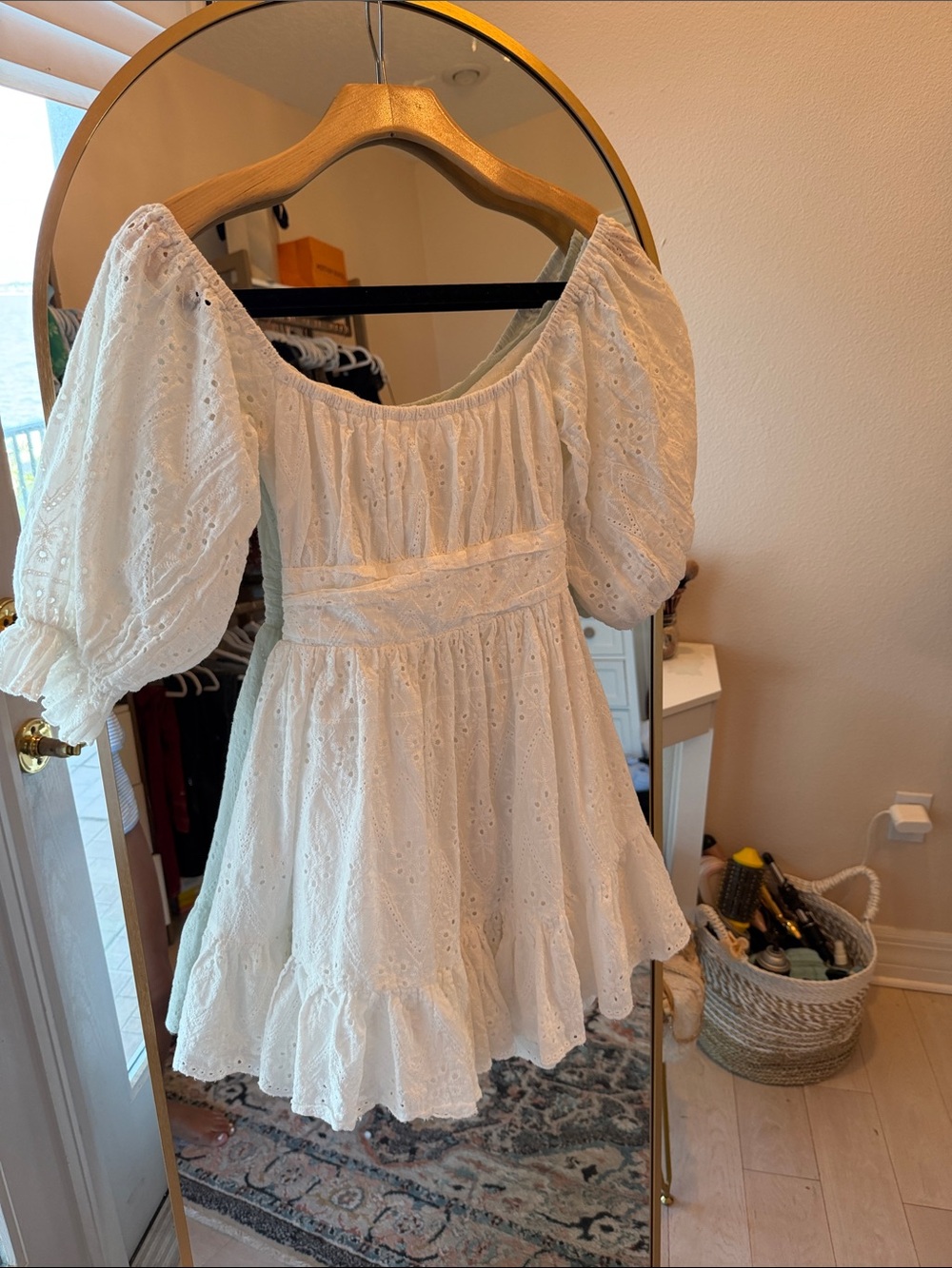 White Eyelet Puff-Sleeve Mini Dress